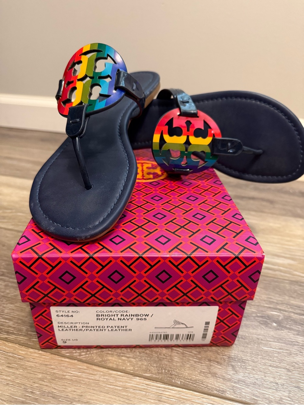 🌈 Tory Burch Bright Rainbow Miller Sandals with Navy Sole 🌈